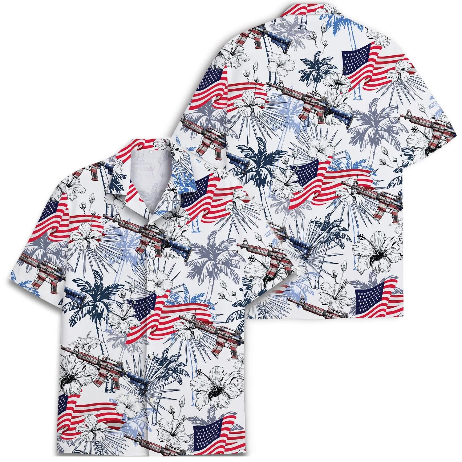 Front and back views of patriotic tropical Hawaiian shirt with flag and rifle print