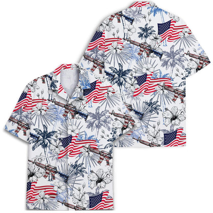 Front and back views of patriotic tropical Hawaiian shirt with flag and rifle print
