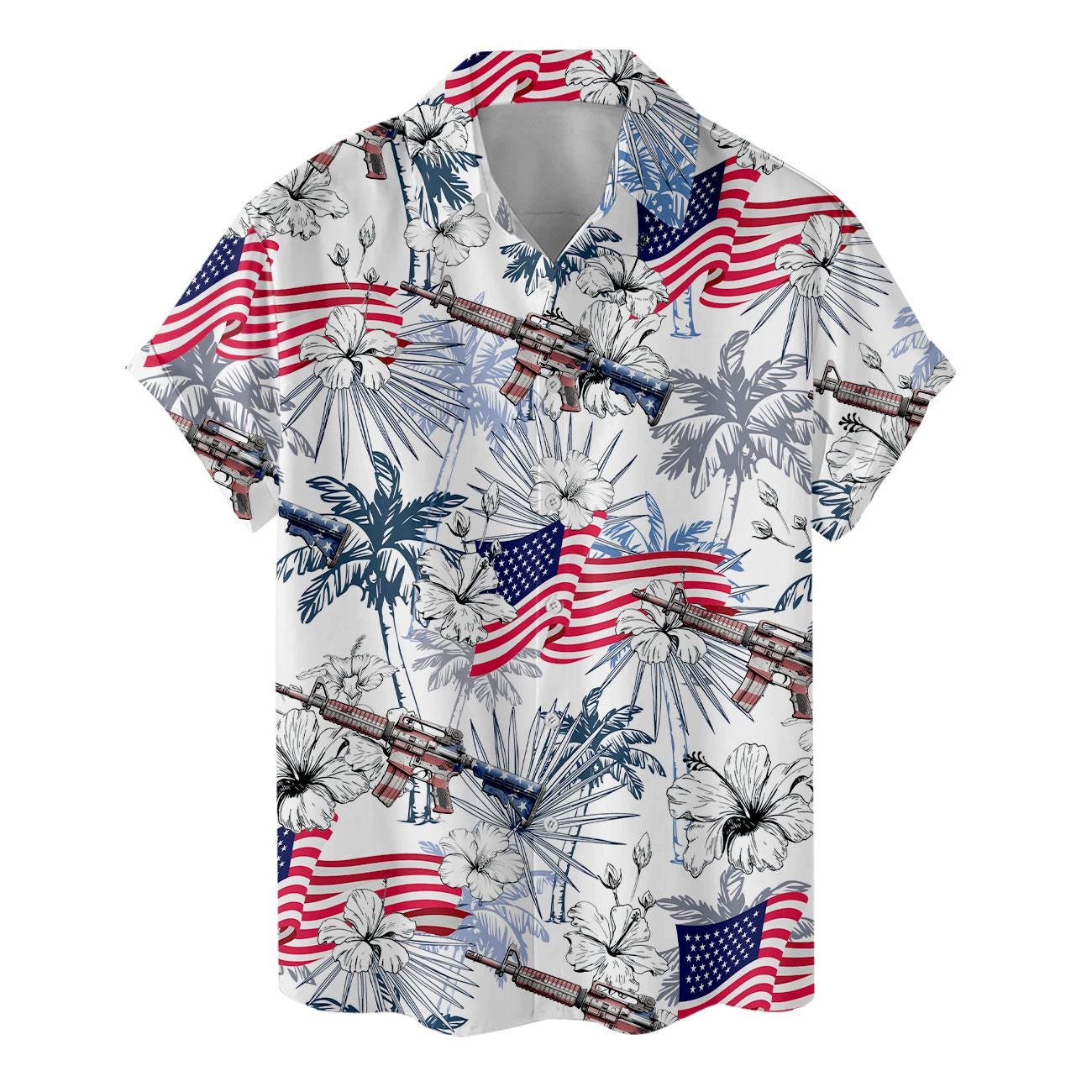 Flat lay view of patriotic Hawaiian shirt with tropical flowers and allover flag print