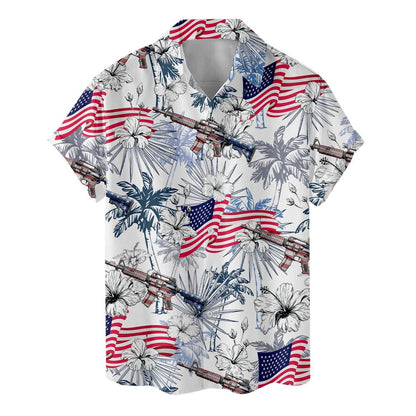 Flat lay view of patriotic Hawaiian shirt with tropical flowers and allover flag print