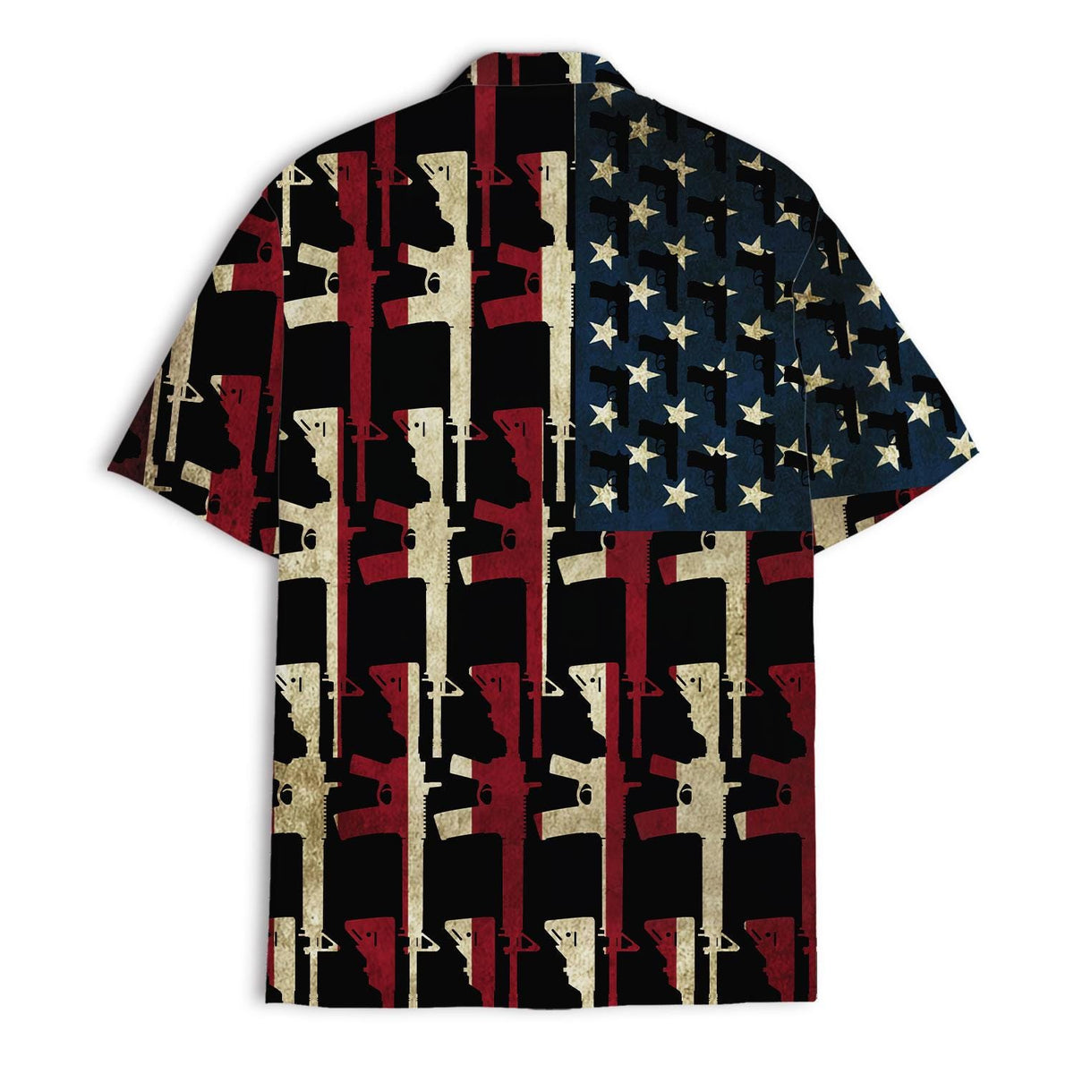 Back view of a patriotic Hawaiian shirt with blue star panel and rifle print