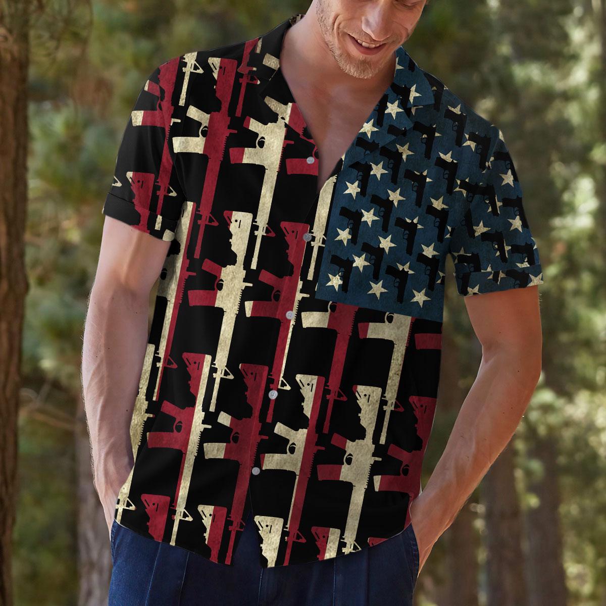 Model wearing the patriotic Hawaiian shirt outdoors in a casual setting