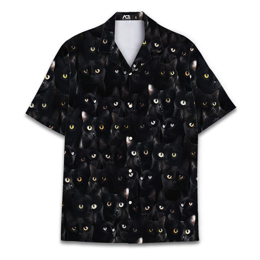 Front view of a black Hawaiian shirt covered in an all-over pattern of black cat faces