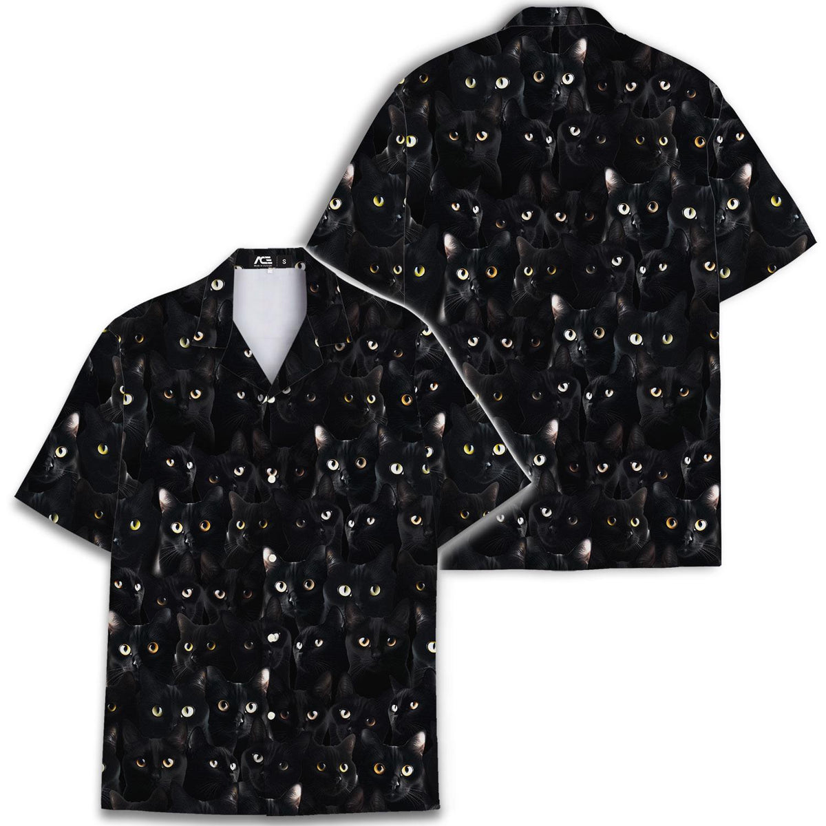 Two views of a black cat print Hawaiian shirt showing the repeating feline design