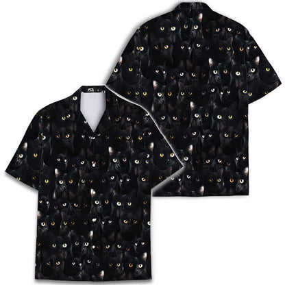 Two views of a black cat print Hawaiian shirt showing the repeating feline design