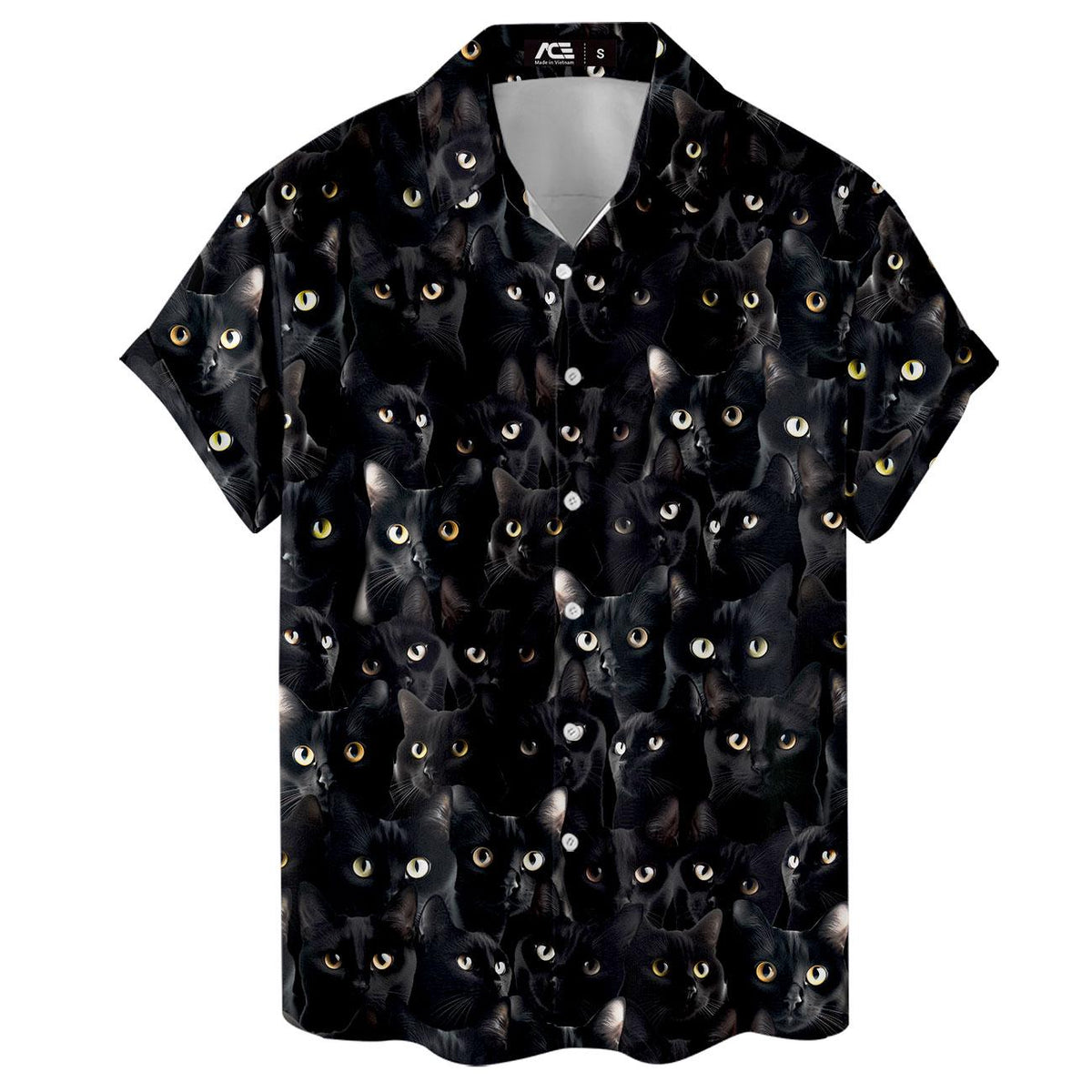 Front flat view of a button-front black cat Hawaiian shirt with varied eye colors
