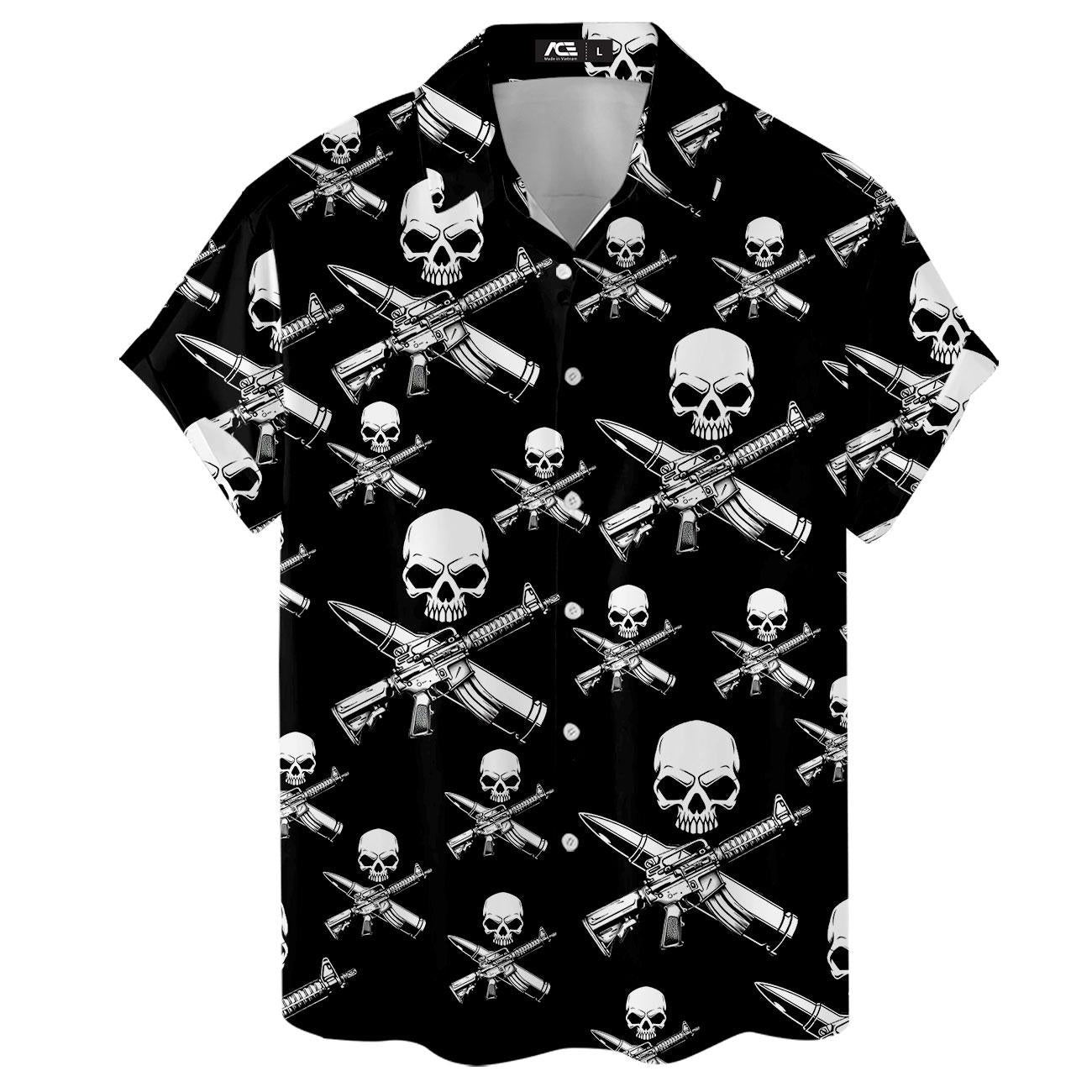 Front view of the black short-sleeve Hawaiian shirt with button closure
