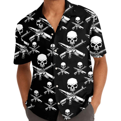 Model wearing the black skull and crossed rifle Hawaiian shirt