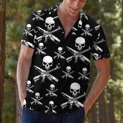 Model outdoors wearing the black graphic Hawaiian shirt