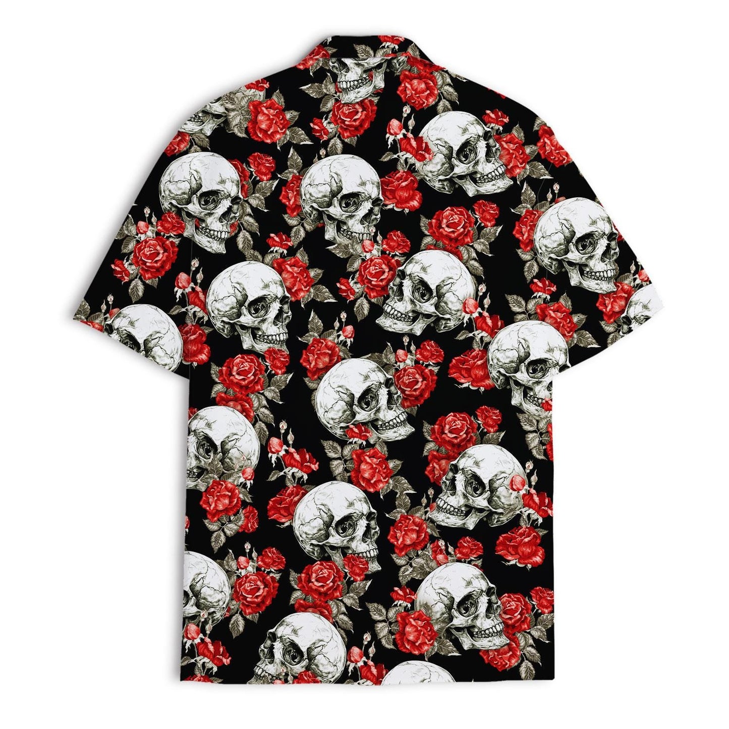 Back view of black short-sleeve Hawaiian shirt with skull floral print