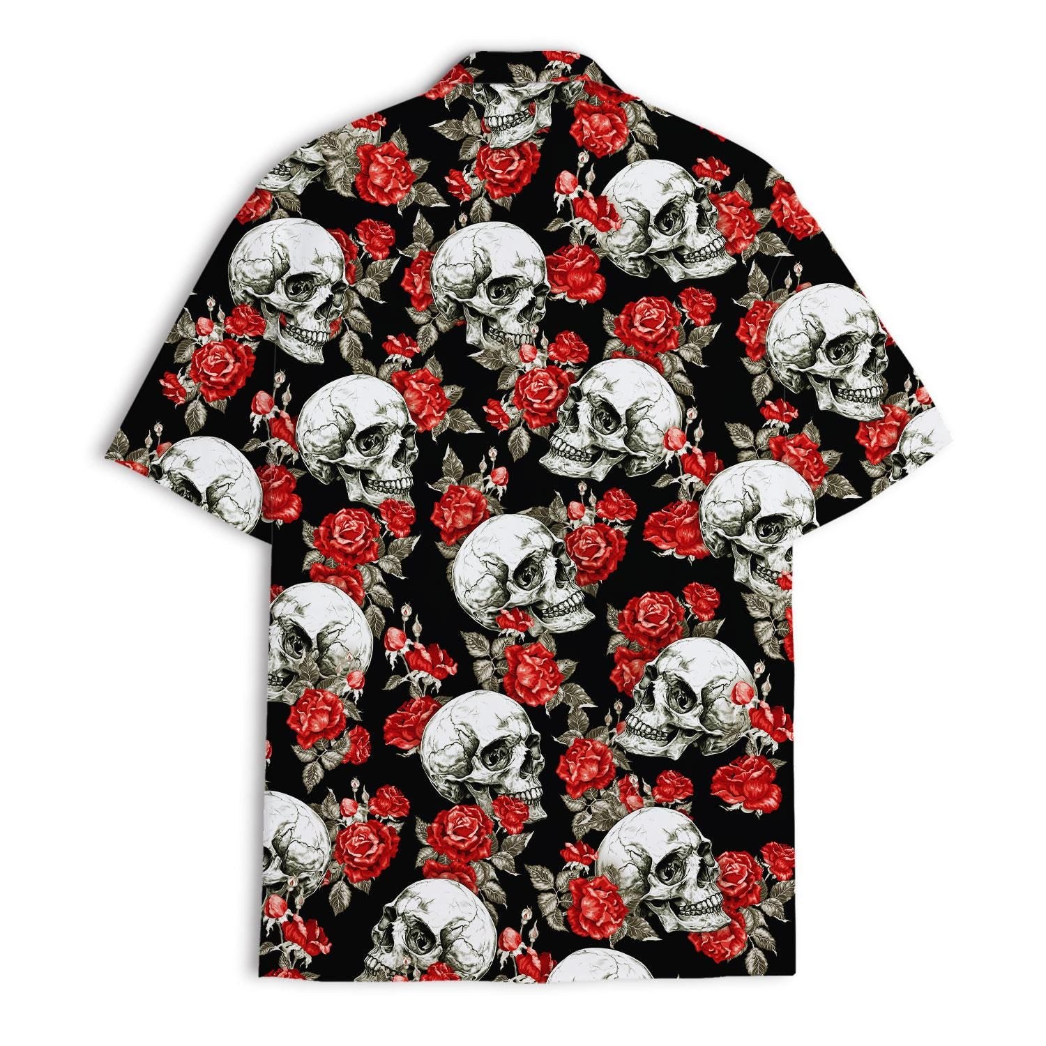 Back view of black short-sleeve Hawaiian shirt with skull floral print