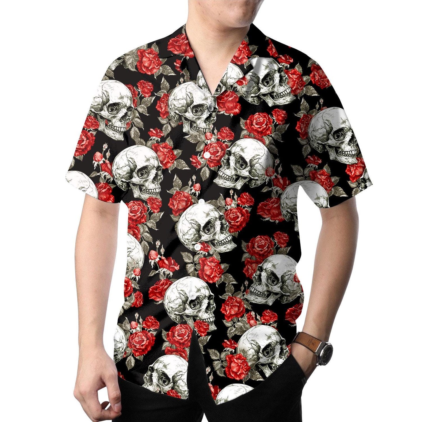 Model wearing a black skull and red rose Hawaiian shirt outdoors