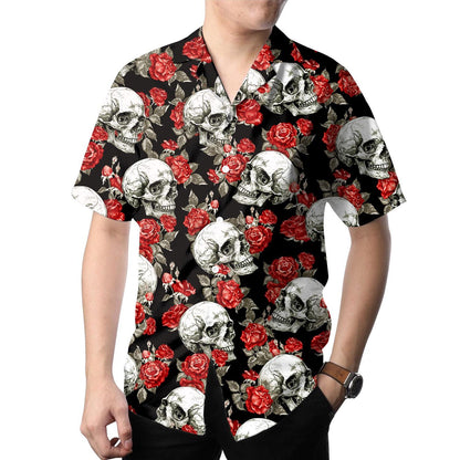 Model wearing a black skull and red rose Hawaiian shirt outdoors