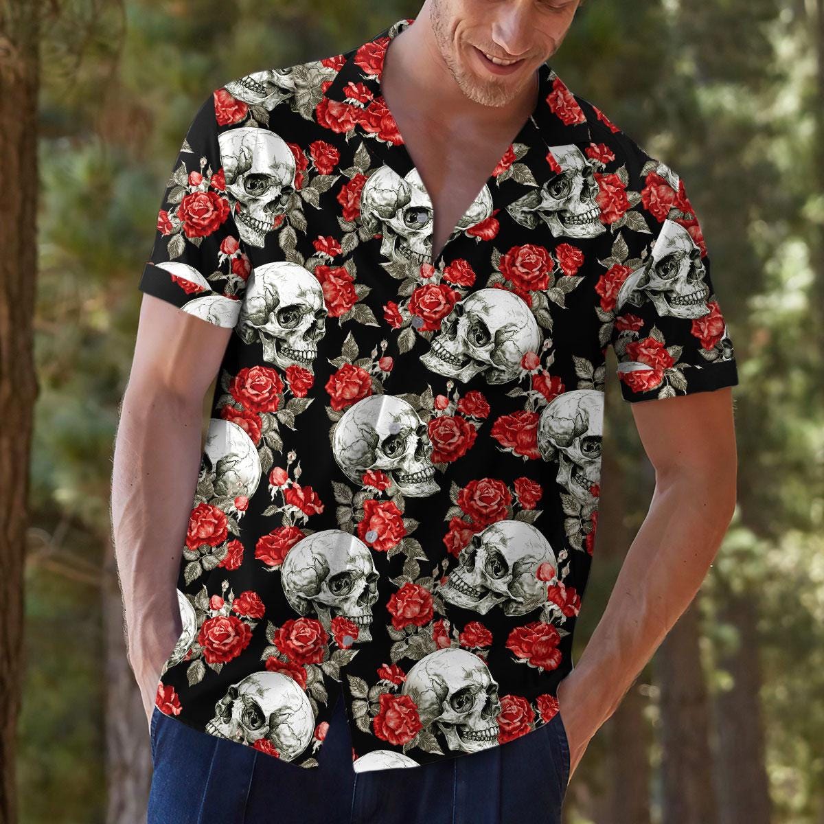 Close-up of model wearing the skull and rose Hawaiian shirt