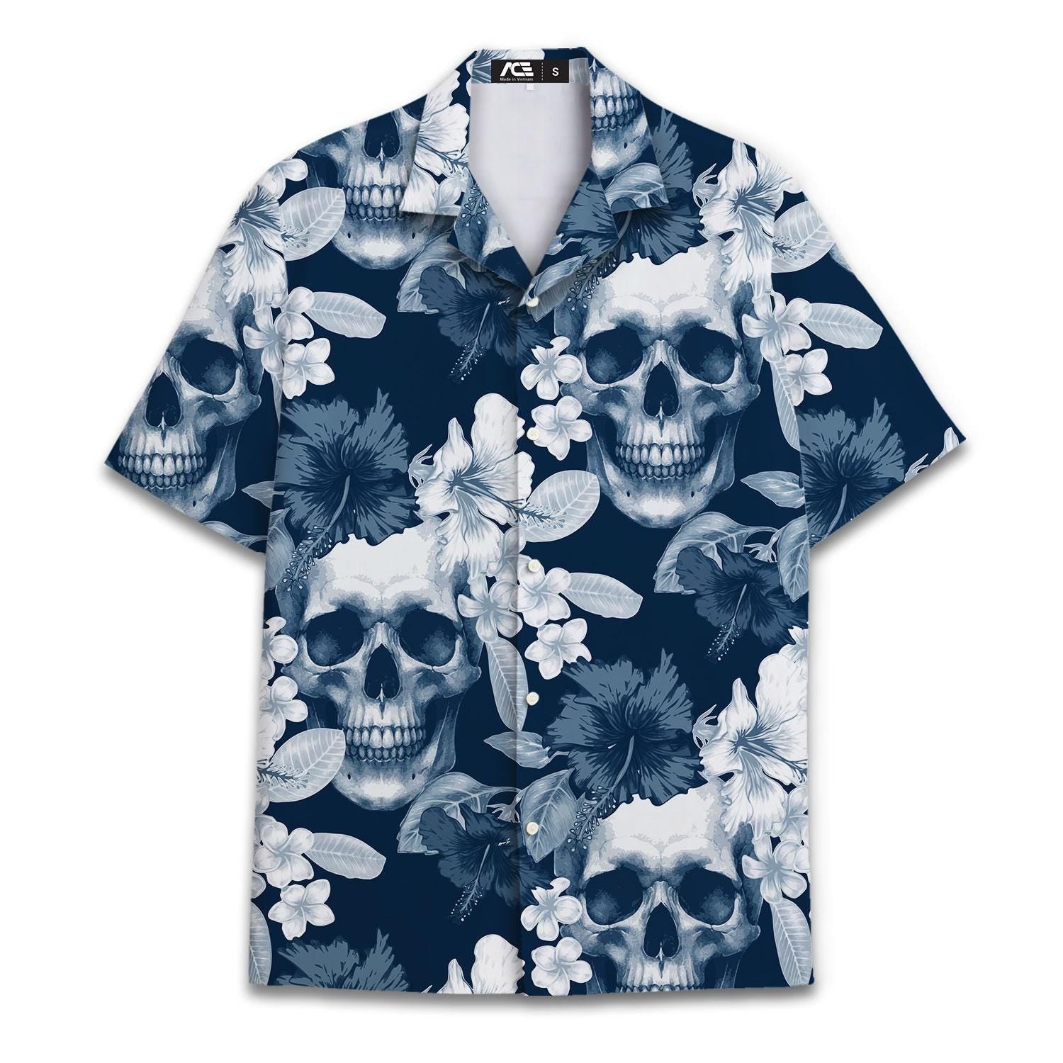 Front view of a navy Hawaiian shirt with an all-over skull and floral print