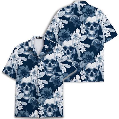 Back view of a navy skull and floral Hawaiian shirt