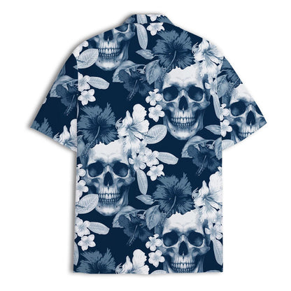 Front and back views of a navy tropical skull floral shirt