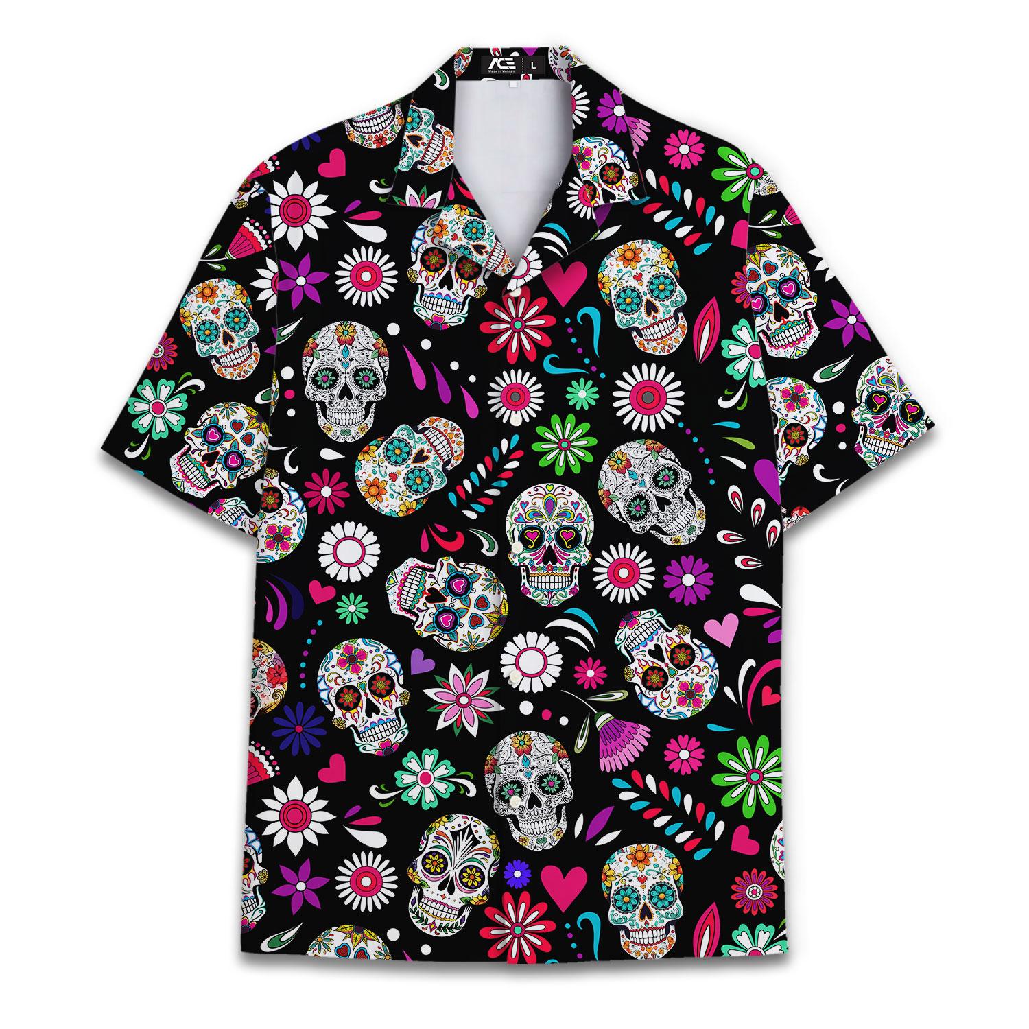Front view of a black sugar skull Hawaiian shirt with colorful flowers and hearts