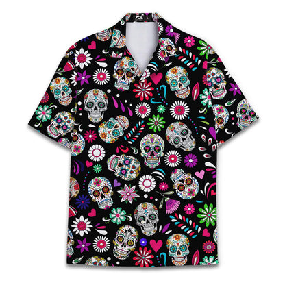 Front view of a black sugar skull Hawaiian shirt with colorful flowers and hearts