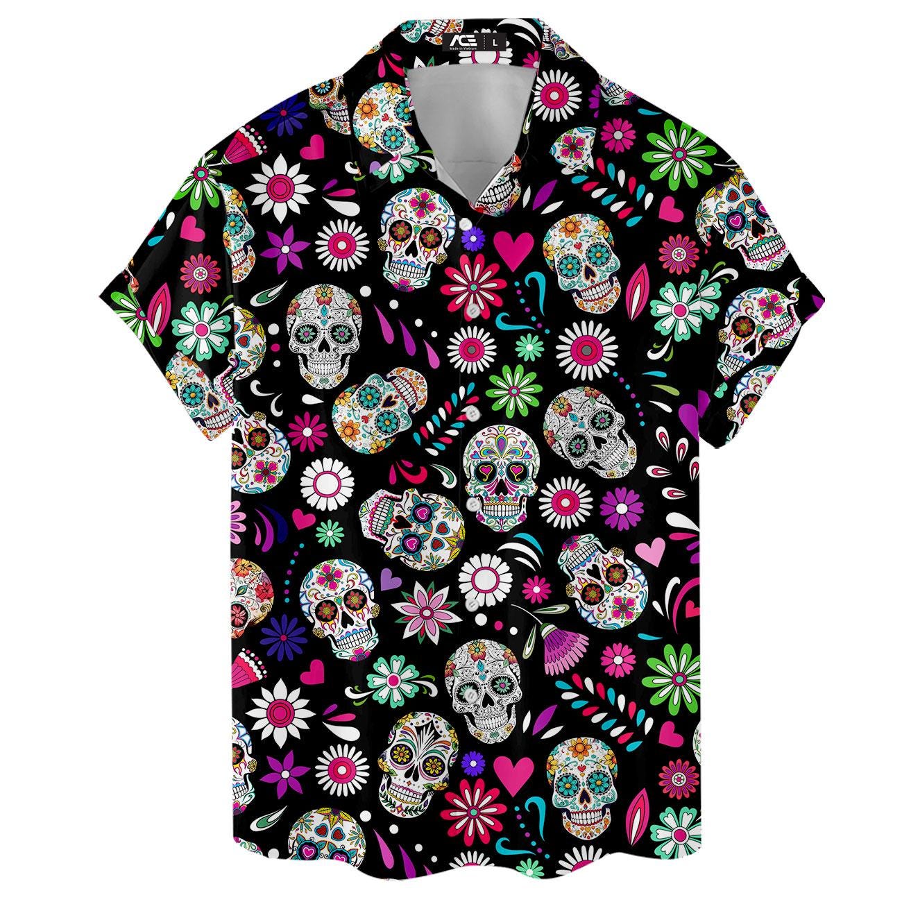 Front view of a colorful Day of the Dead sugar skull Hawaiian shirt