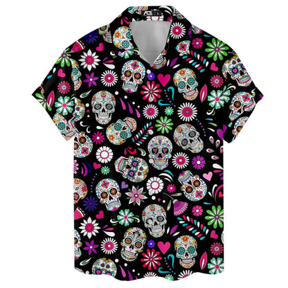 Front view of a colorful Day of the Dead sugar skull Hawaiian shirt