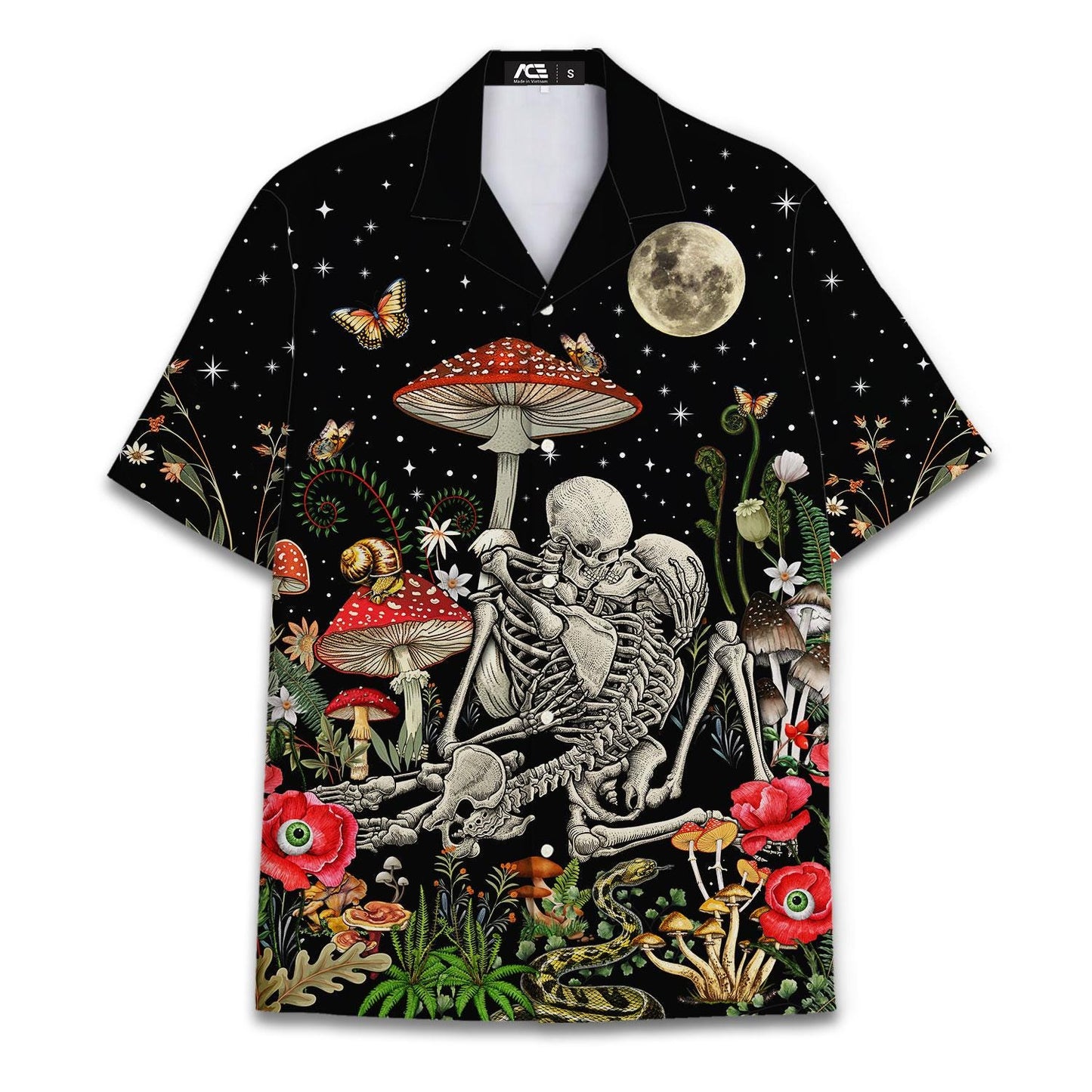 Front view of black Hawaiian shirt with skeleton couple, mushrooms, moon, flowers, butterflies and stars
