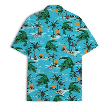 Back view of turquoise Hawaiian shirt with all-over crocodile and palm tree print