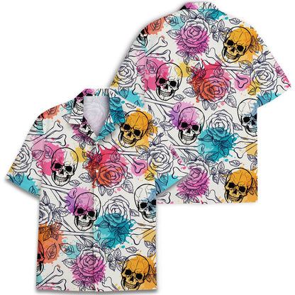 Front and back views of skull and rose Hawaiian shirt