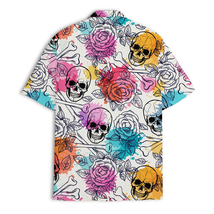 Flat lay view of colorful skull floral Hawaiian shirt