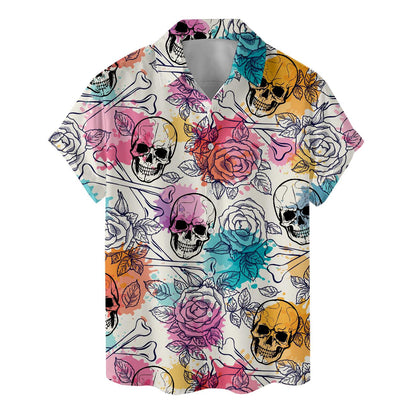 Back view of skull and rose Hawaiian shirt