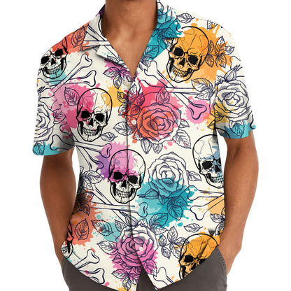 Model wearing colorful skull and rose Hawaiian shirt