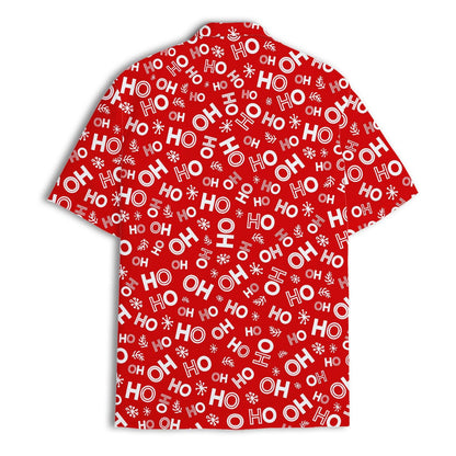 Back view of red holiday Hawaiian shirt with all-over HO design