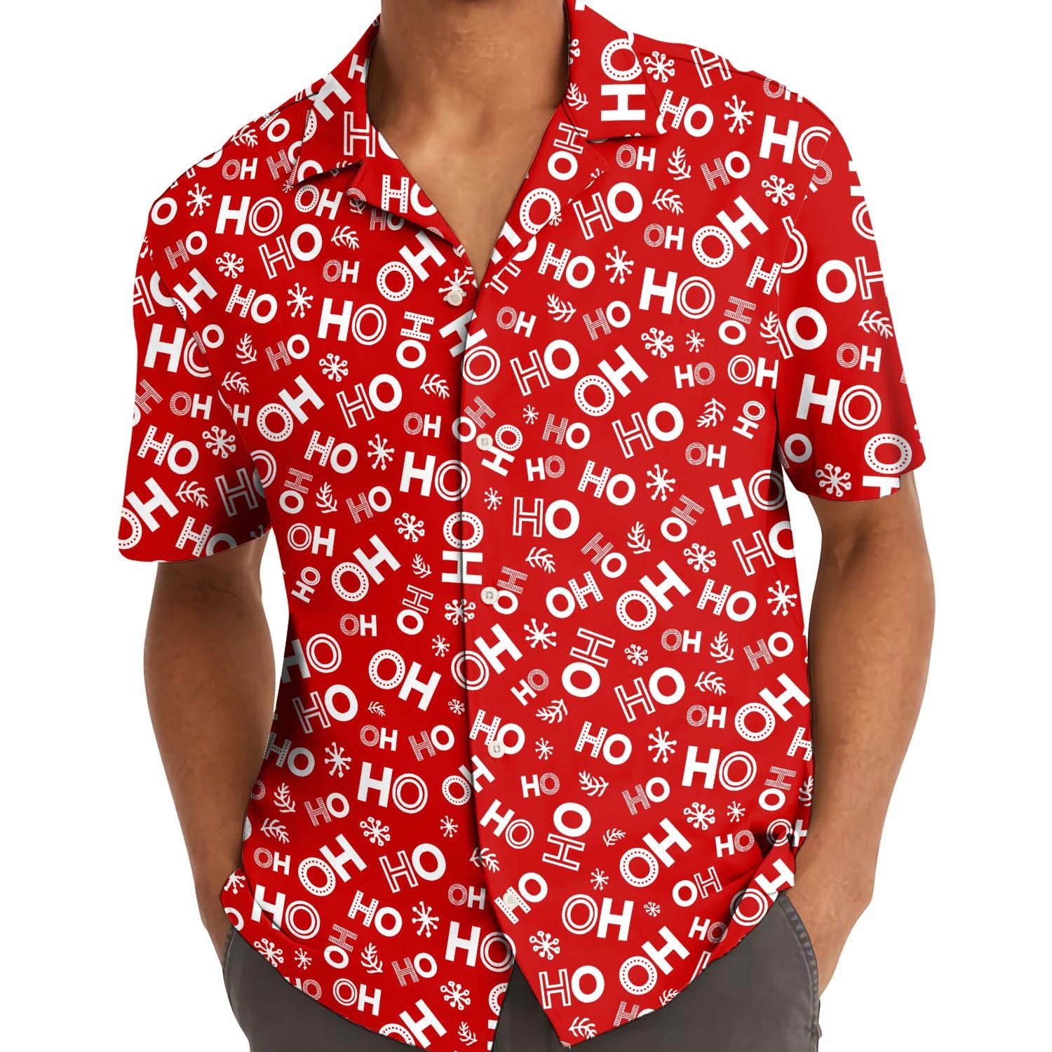 Model wearing red HO patterned Hawaiian shirt outdoors