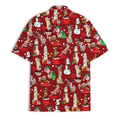 Back view of red allover Christmas character shirt