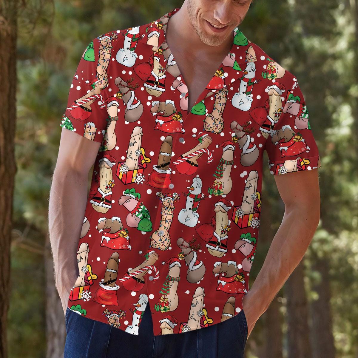 Model outdoors wearing a festive red holiday button-up shirt