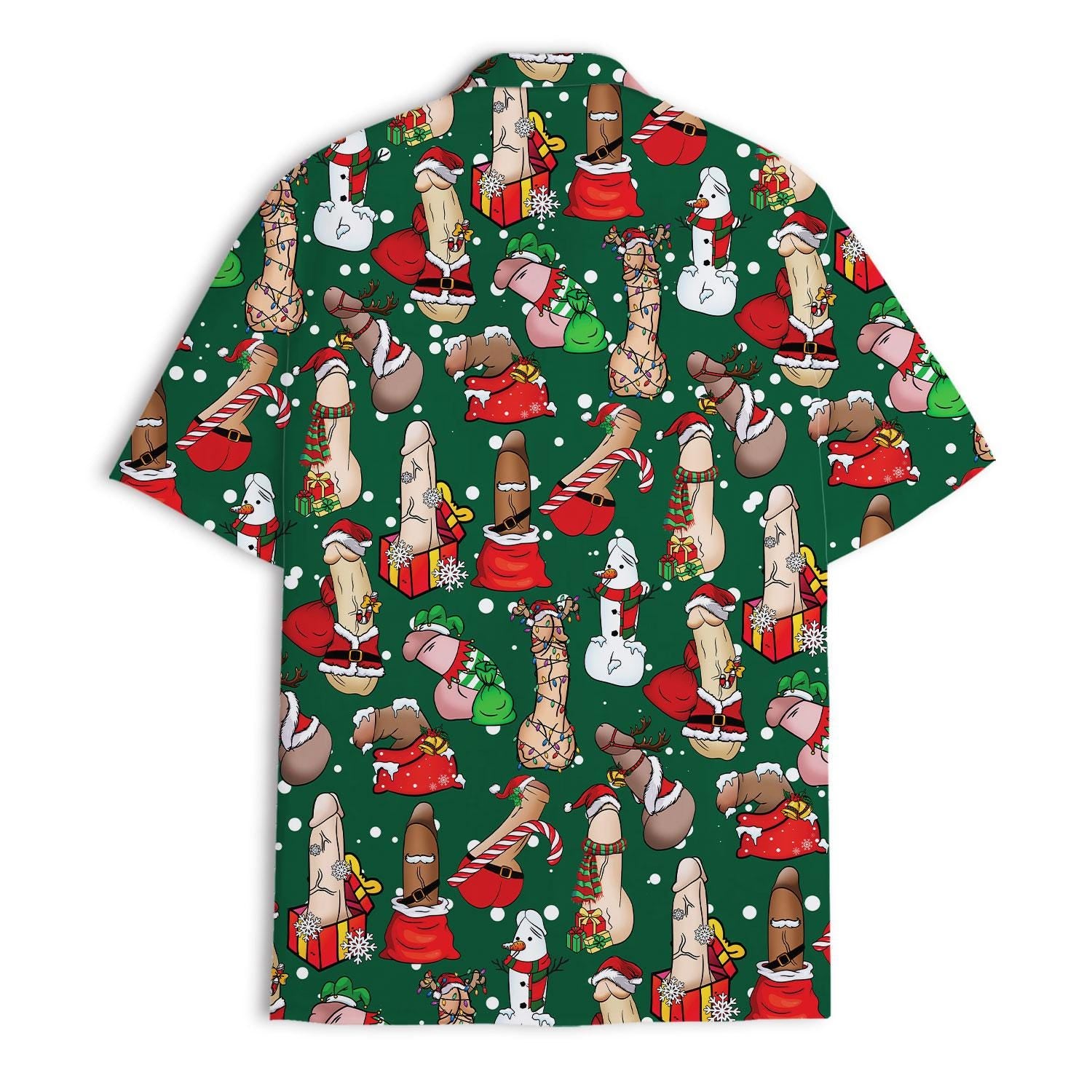 Back view of the green Christmas Hawaiian shirt showing the repeating holiday character pattern