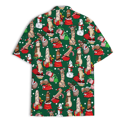 Back view of the green Christmas Hawaiian shirt showing the repeating holiday character pattern