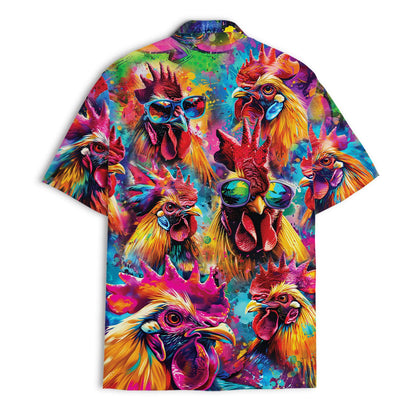 Back view showing the colorful chicken and rooster print