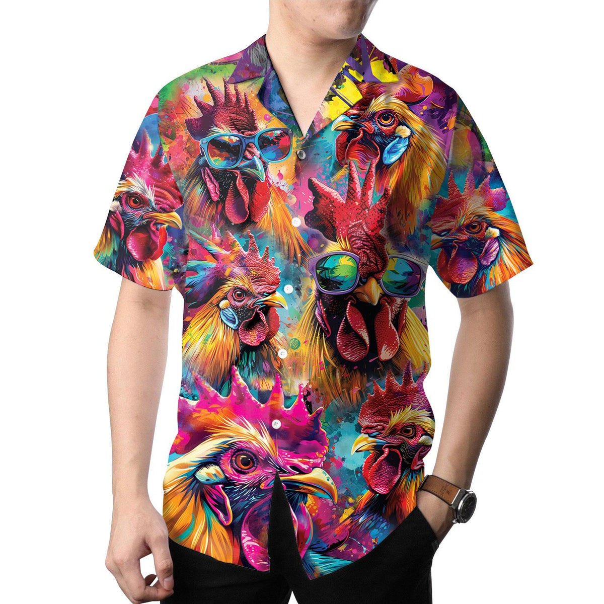 Model wearing a vibrant rooster Hawaiian shirt outdoors