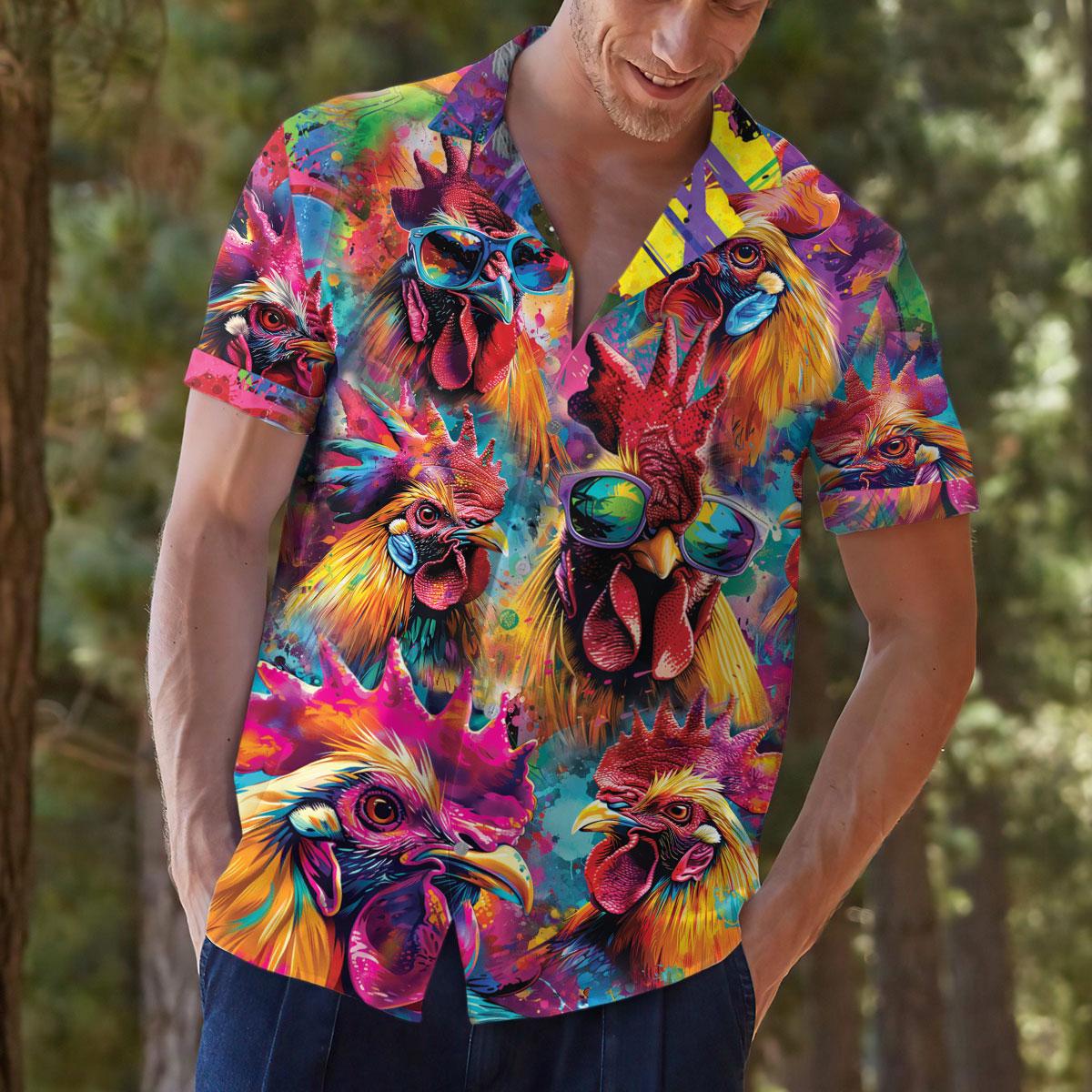 Model styling the colorful chicken print Hawaiian shirt