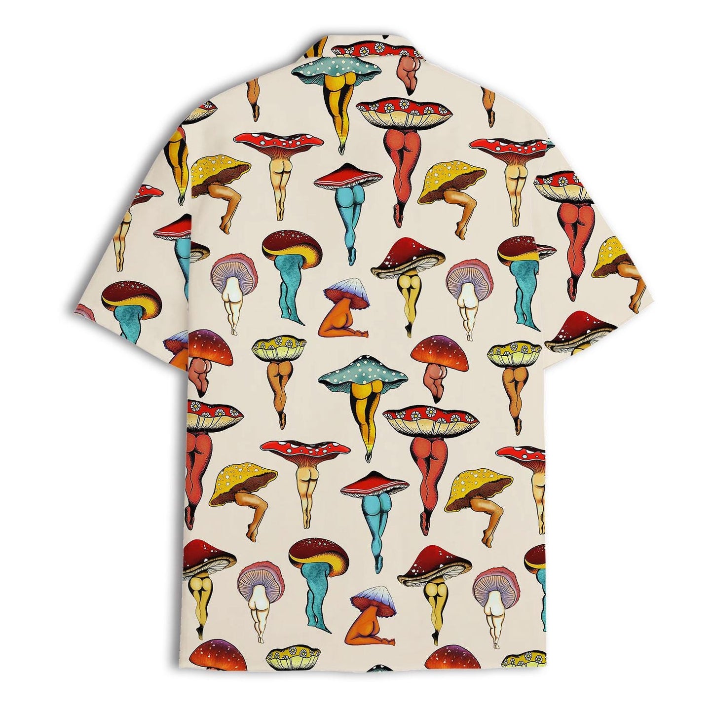 Back view of a cream Hawaiian shirt covered in colorful illustrated mushrooms