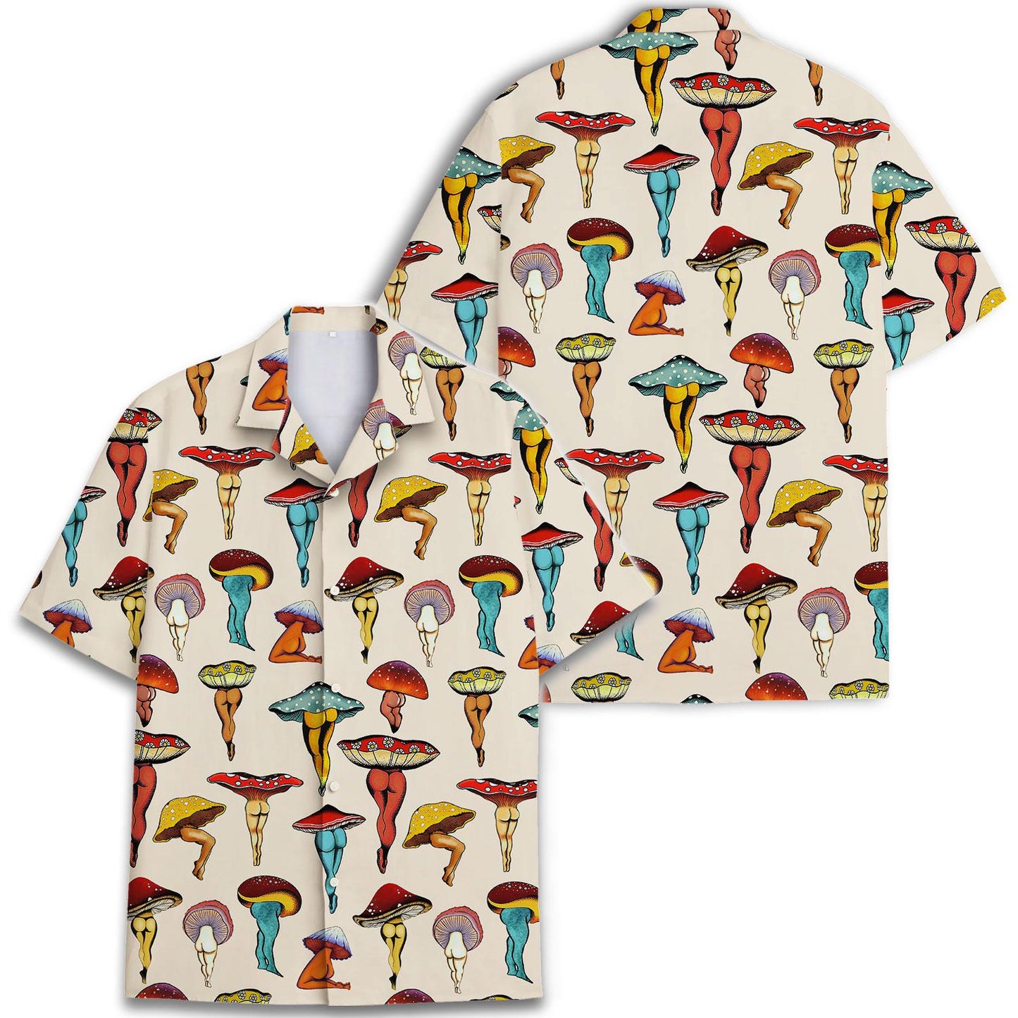 Front and back views of a colorful mushroom print Hawaiian shirt