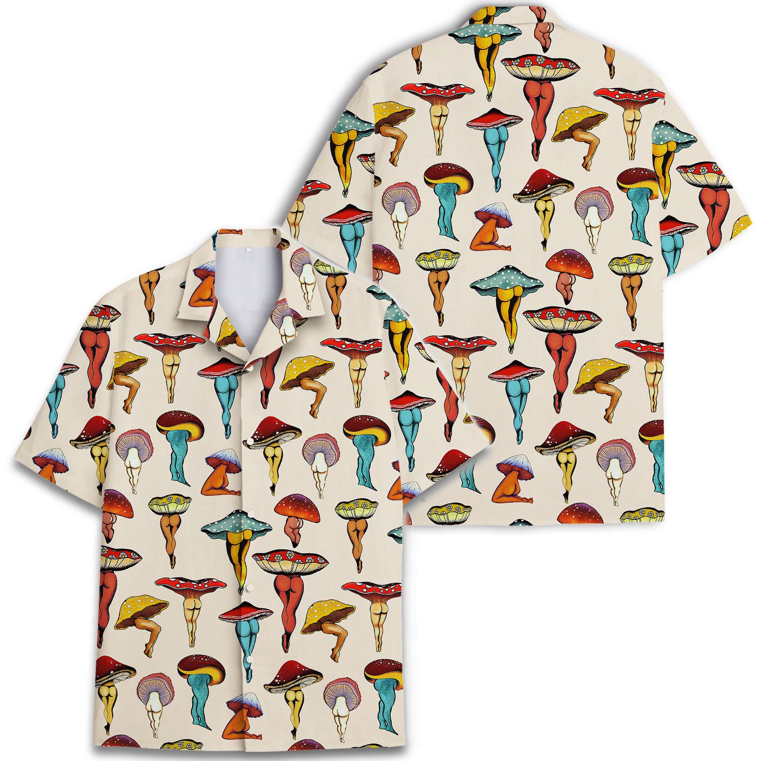 Front and back views of a colorful mushroom print Hawaiian shirt
