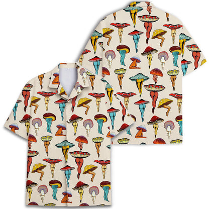 Front and back views of a colorful mushroom print Hawaiian shirt