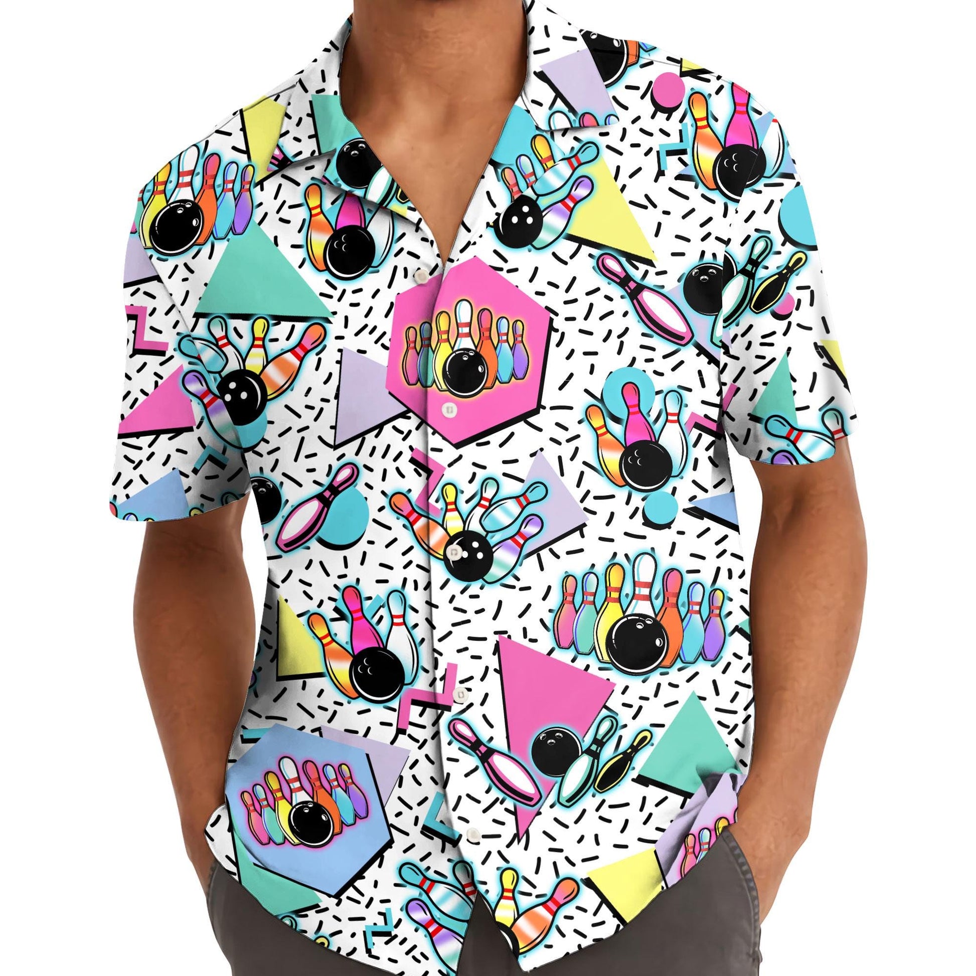 Model wearing colorful bowling Hawaiian shirt outdoors