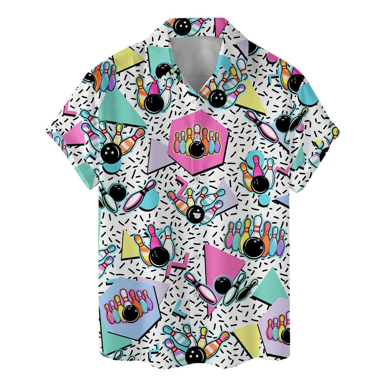 Colorful short sleeve bowling Hawaiian shirt with button front