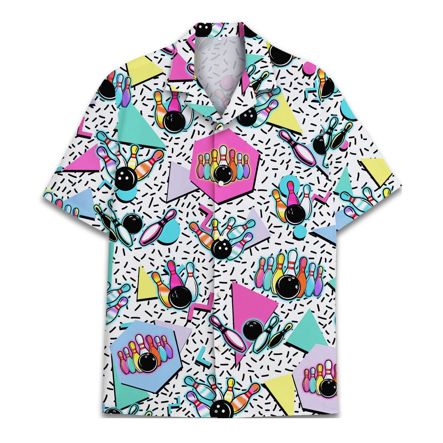 Colorful bowling Hawaiian shirt with pins, bowling balls, and geometric shapes