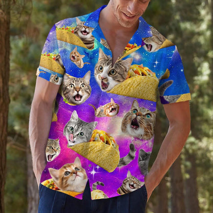 Model wearing the cat taco Hawaiian shirt outdoors