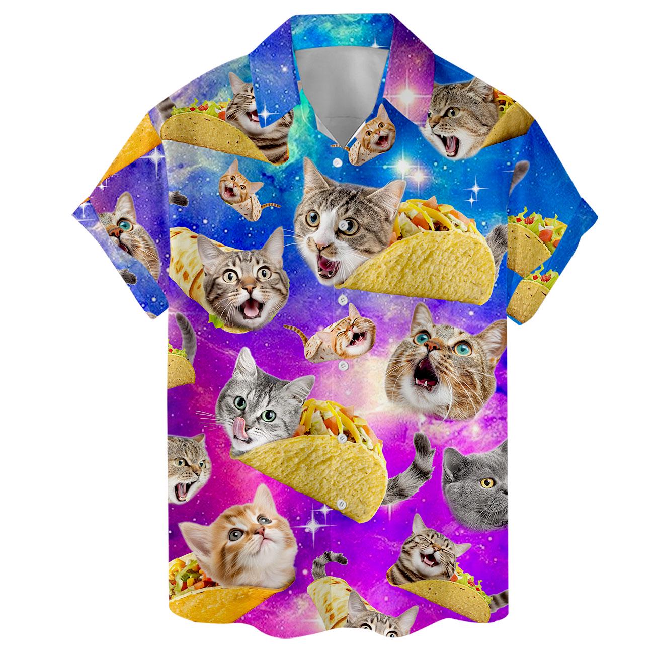 Flat front view of the short-sleeve cat taco Hawaiian shirt