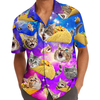 Model wearing the colorful cat taco Hawaiian shirt